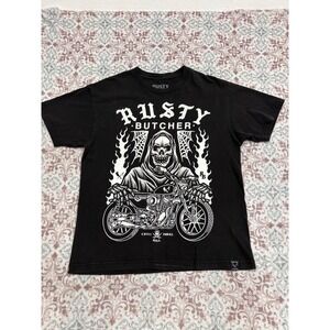 Rusty Butcher Mens Black Grim Reaper Motorcycle Graphic T-Shirt Large Mad in USA